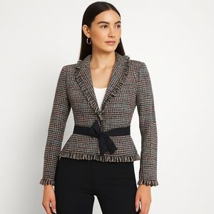 💙 Cache Vintage 90's Tweed Belted Shoulder Pads Blazer Size 6 Gold Thread